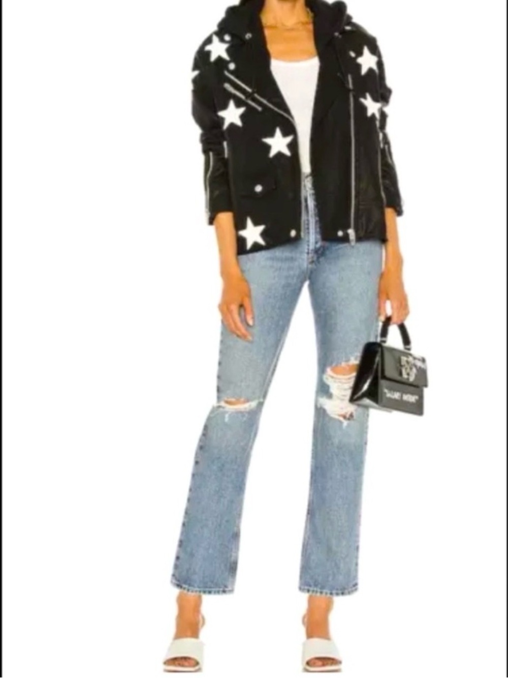 Blank NYC Faux Black Leather Hooded Jacket with White Star Print